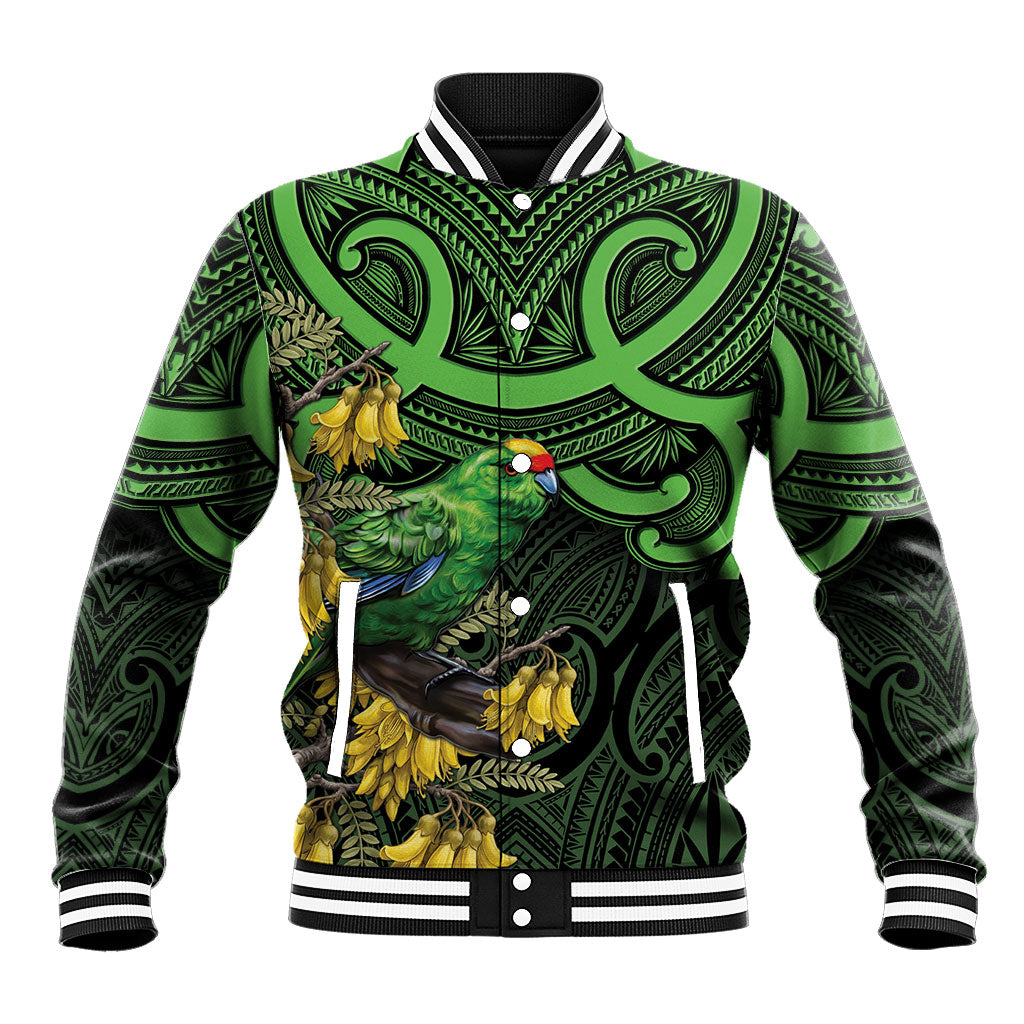 New Zealand Parakeet Bird Baseball Jacket Maori Kakariki Kowhai Maori Pattern LT22 Unisex Green - Polynesian Pride