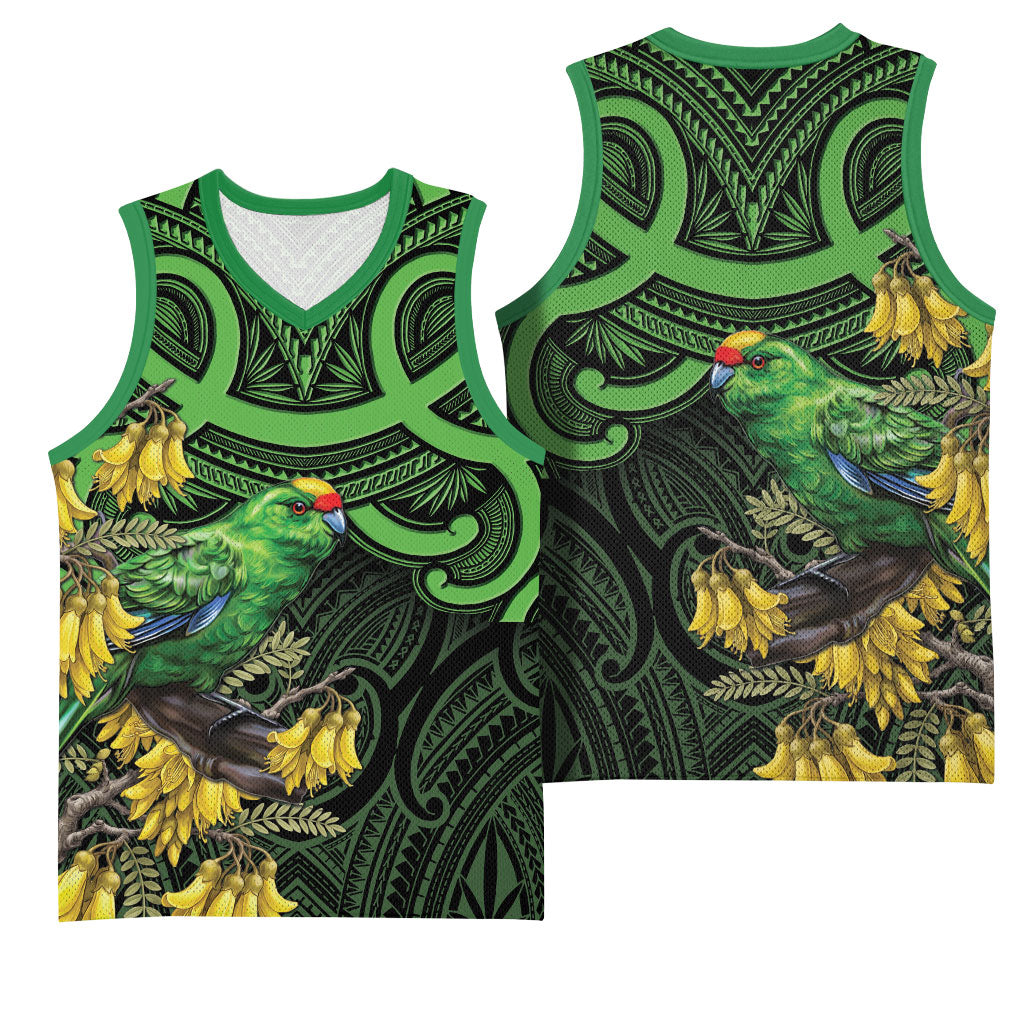 New Zealand Parakeet Bird Basketball Jersey Maori Kakariki Kowhai Maori Pattern