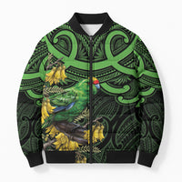 New Zealand Parakeet Bird Bomber Puffer Jacket Maori Kakariki Kowhai Maori Pattern