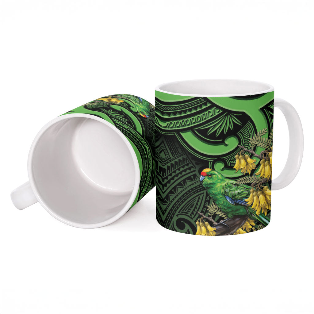 New Zealand Parakeet Bird Ceramic Mug Maori Kakariki Kowhai Maori Pattern
