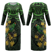 New Zealand Parakeet Bird Couples Matching Long Sleeve Bodycon Dress and Hawaiian Shirt Maori Kakariki Kowhai Maori Pattern