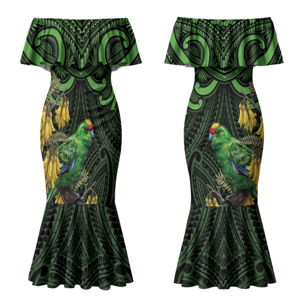 New Zealand Parakeet Bird Couples Matching Mermaid Dress and Long Sleeve Button Shirt Maori Kakariki Kowhai Maori Pattern