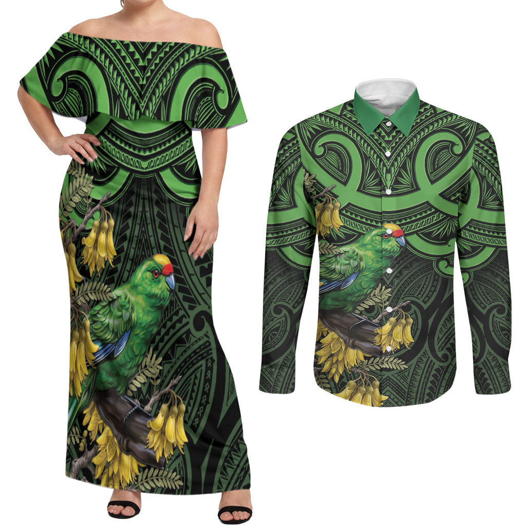 New Zealand Parakeet Bird Couples Matching Off Shoulder Maxi Dress and Long Sleeve Button Shirt Maori Kakariki Kowhai Maori Pattern