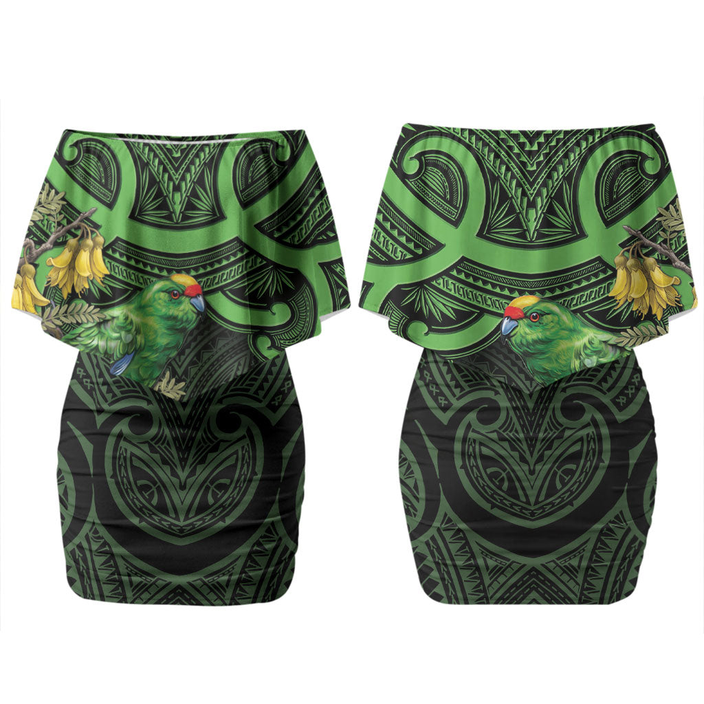 New Zealand Parakeet Bird Couples Matching Off Shoulder Short Dress and Hawaiian Shirt Maori Kakariki Kowhai Maori Pattern