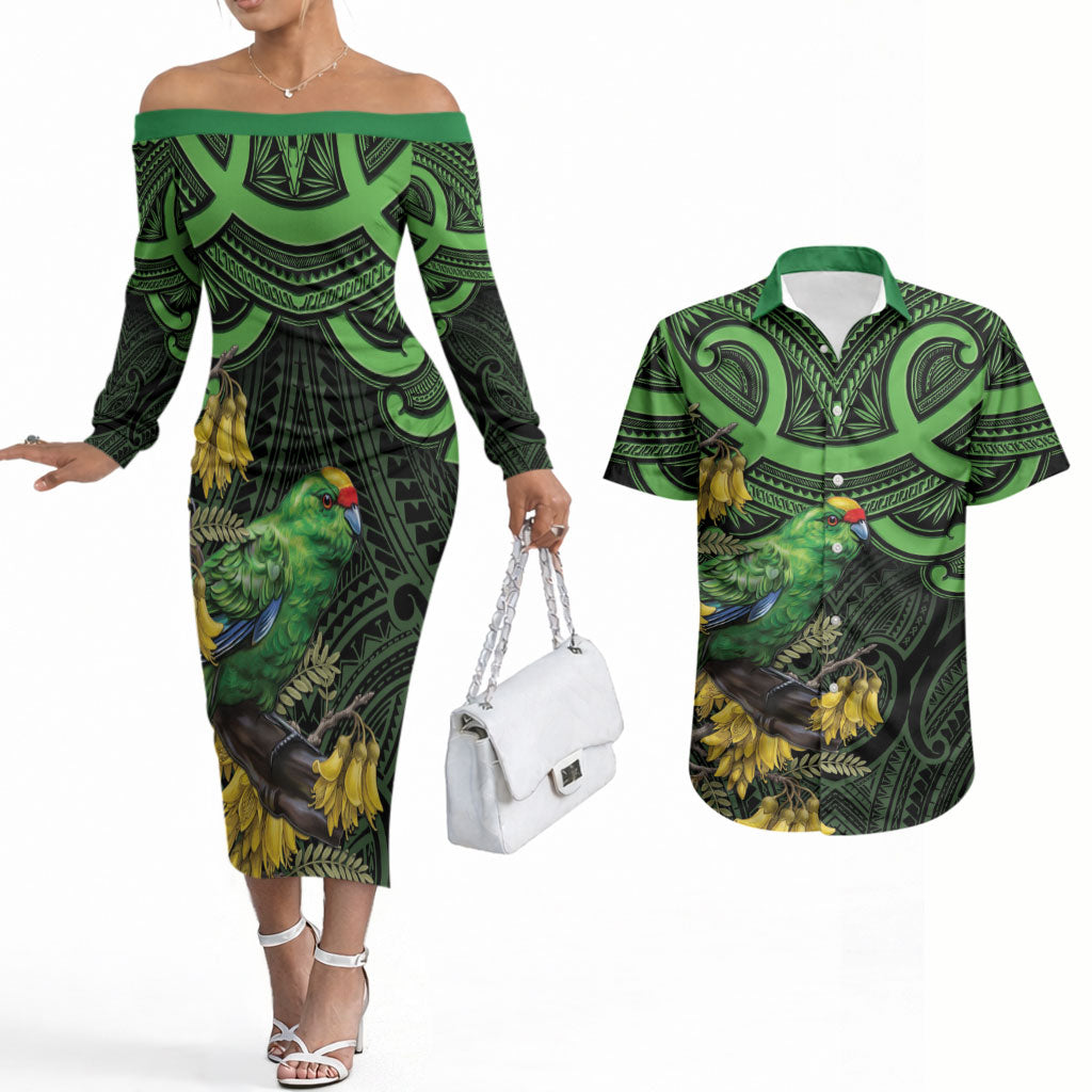 New Zealand Parakeet Bird Couples Matching Off The Shoulder Long Sleeve Dress and Hawaiian Shirt Maori Kakariki Kowhai Maori Pattern