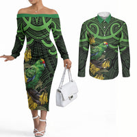 New Zealand Parakeet Bird Couples Matching Off The Shoulder Long Sleeve Dress and Long Sleeve Button Shirt Maori Kakariki Kowhai Maori Pattern