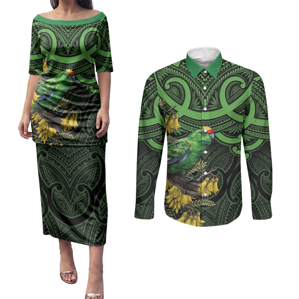 New Zealand Parakeet Bird Couples Matching Puletasi and Long Sleeve Button Shirt Maori Kakariki Kowhai Maori Pattern LT22 Green - Polynesian Pride