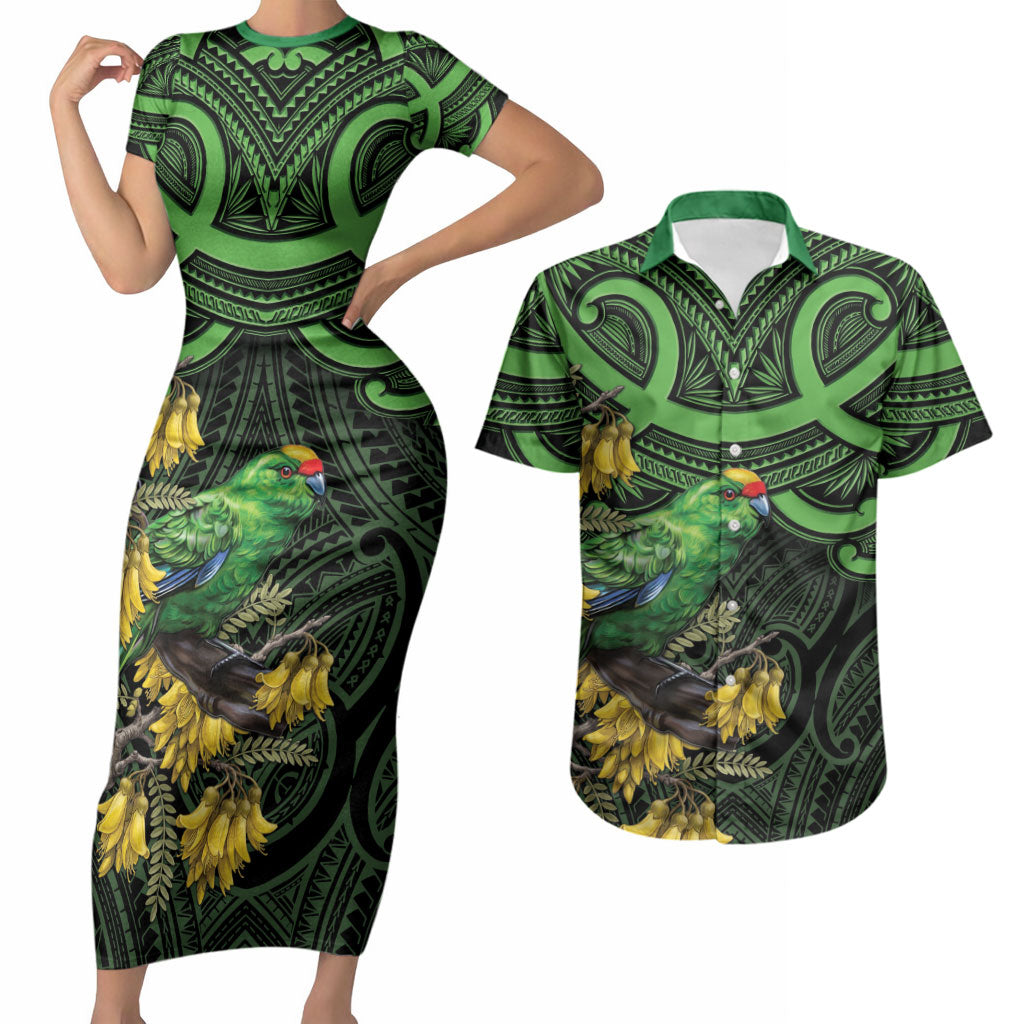 New Zealand Parakeet Bird Couples Matching Short Sleeve Bodycon Dress and Hawaiian Shirt Maori Kakariki Kowhai Maori Pattern