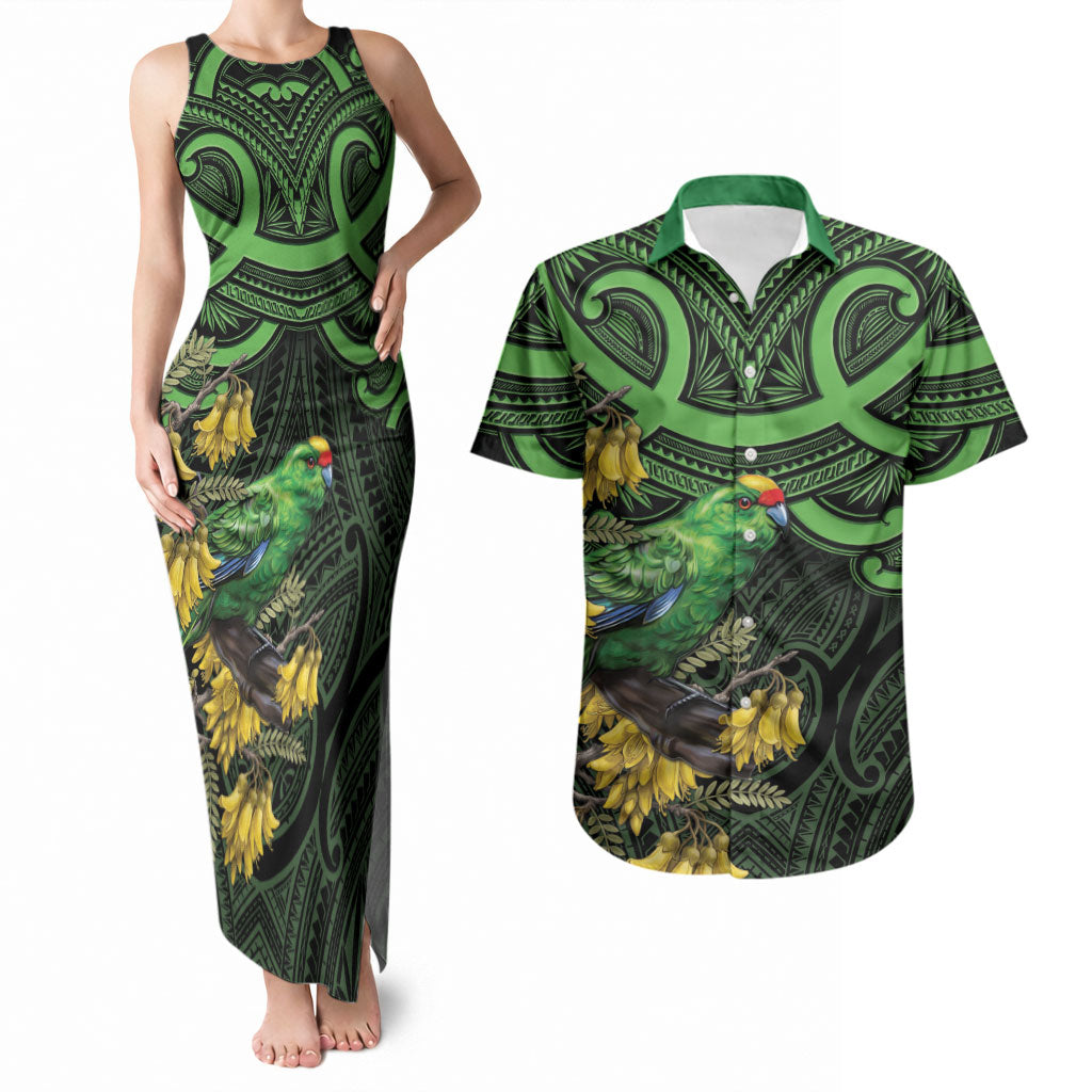 New Zealand Parakeet Bird Couples Matching Tank Maxi Dress and Hawaiian Shirt Maori Kakariki Kowhai Maori Pattern LT22 Green - Polynesian Pride