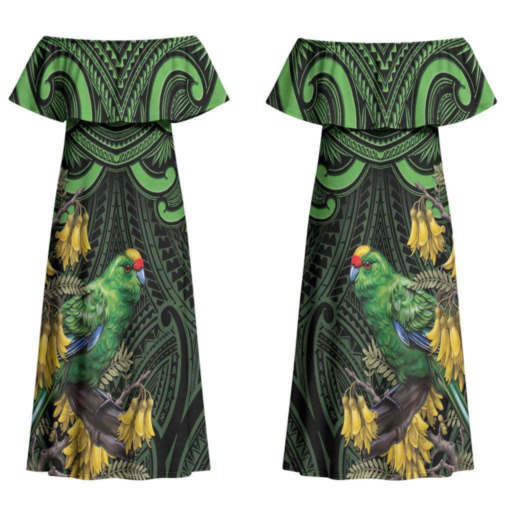 New Zealand Parakeet Bird Family Matching Off Shoulder Maxi Dress and Hawaiian Shirt Maori Kakariki Kowhai Maori Pattern
