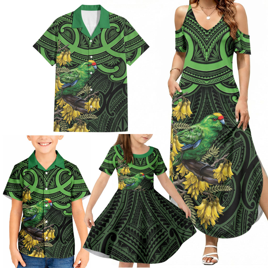 New Zealand Parakeet Bird Family Matching Summer Maxi Dress and Hawaiian Shirt Maori Kakariki Kowhai Maori Pattern