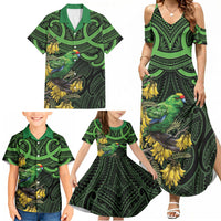 New Zealand Parakeet Bird Family Matching Summer Maxi Dress and Hawaiian Shirt Maori Kakariki Kowhai Maori Pattern