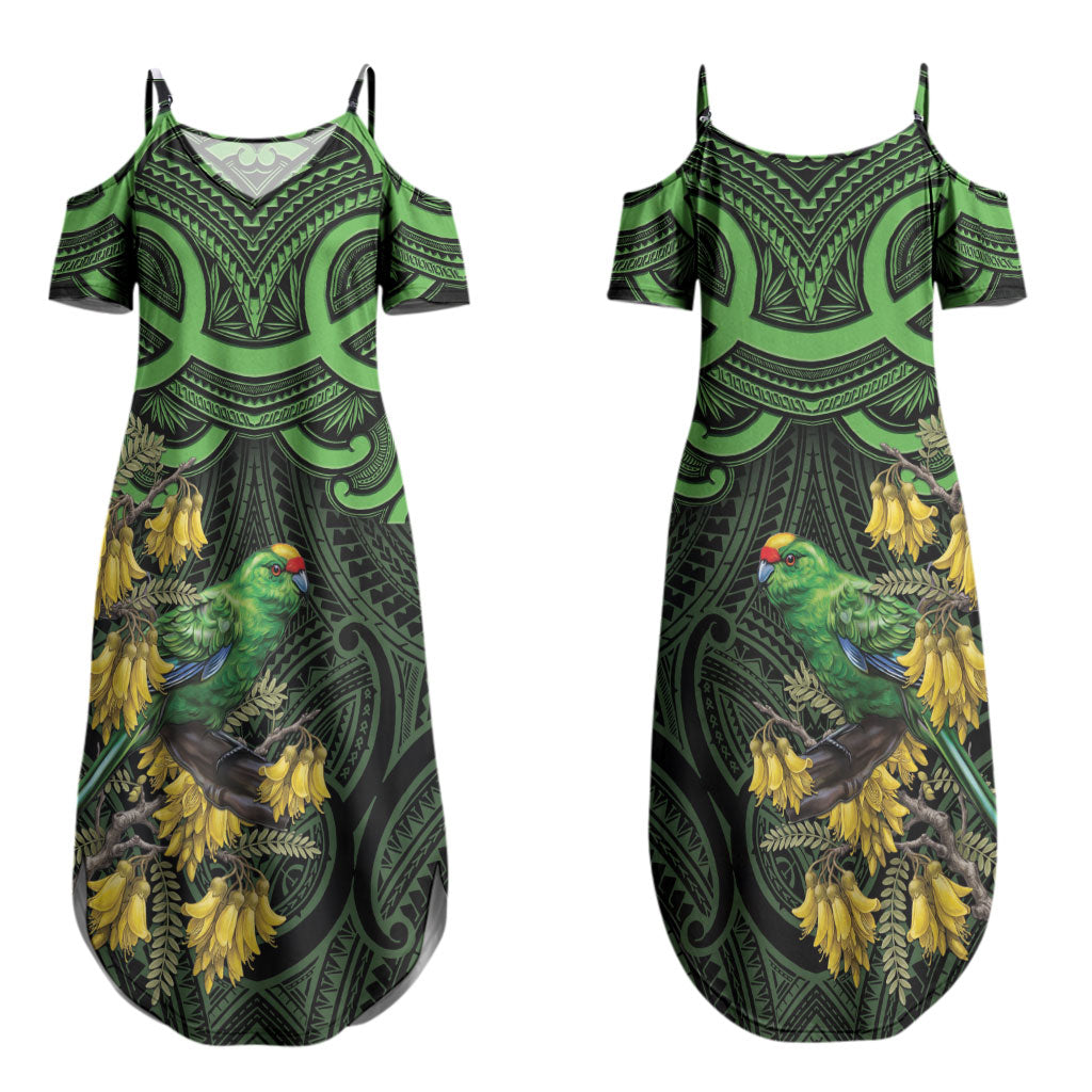 New Zealand Parakeet Bird Family Matching Summer Maxi Dress and Hawaiian Shirt Maori Kakariki Kowhai Maori Pattern