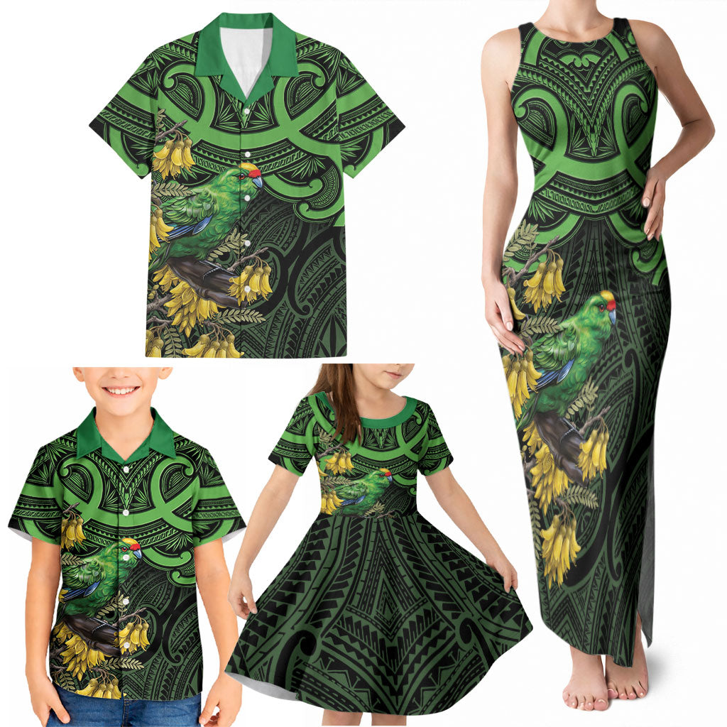 New Zealand Parakeet Bird Family Matching Tank Maxi Dress and Hawaiian Shirt Maori Kakariki Kowhai Maori Pattern LT22 - Polynesian Pride