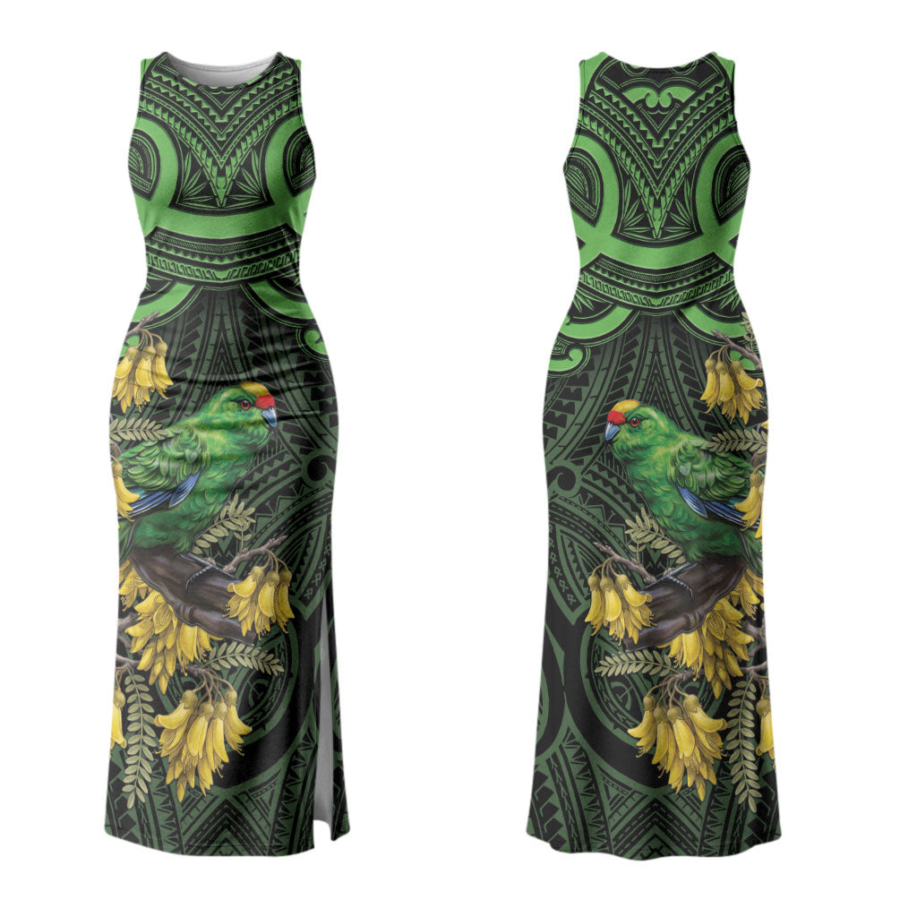 New Zealand Parakeet Bird Family Matching Tank Maxi Dress and Hawaiian Shirt Maori Kakariki Kowhai Maori Pattern