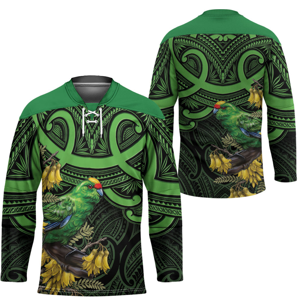 New Zealand Parakeet Bird Hockey Jersey Maori Kakariki Kowhai Maori Pattern