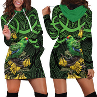 New Zealand Parakeet Bird Hoodie Dress Maori Kakariki Kowhai Maori Pattern