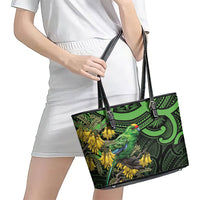 New Zealand Parakeet Bird Leather Tote Bag Maori Kakariki Kowhai Maori Pattern