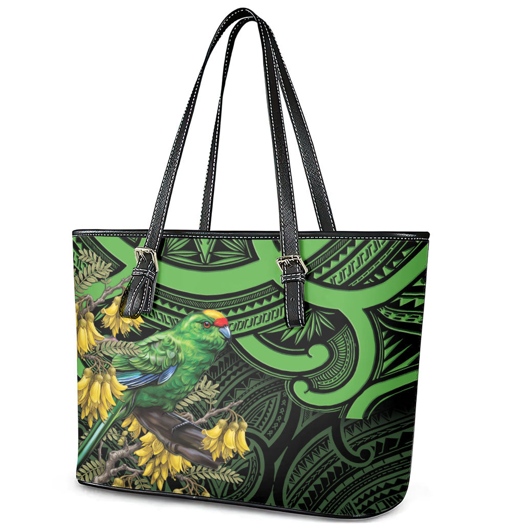 New Zealand Parakeet Bird Leather Tote Bag Maori Kakariki Kowhai Maori Pattern