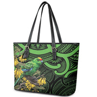 New Zealand Parakeet Bird Leather Tote Bag Maori Kakariki Kowhai Maori Pattern