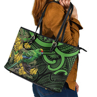 New Zealand Parakeet Bird Leather Tote Bag Maori Kakariki Kowhai Maori Pattern