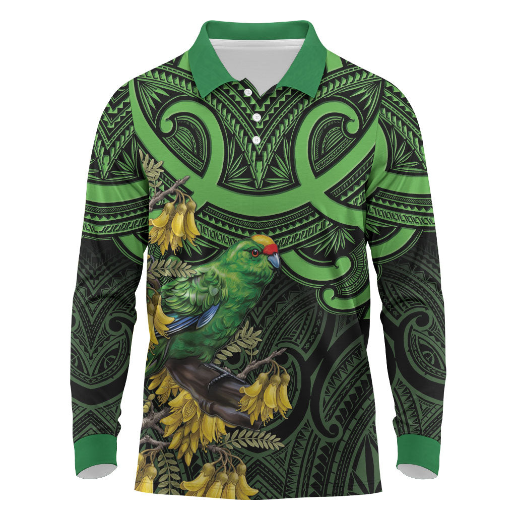 New Zealand Parakeet Bird Long Sleeve Polo Shirt Maori Kakariki Kowhai Maori Pattern