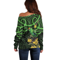 New Zealand Parakeet Bird Off Shoulder Sweater Maori Kakariki Kowhai Maori Pattern