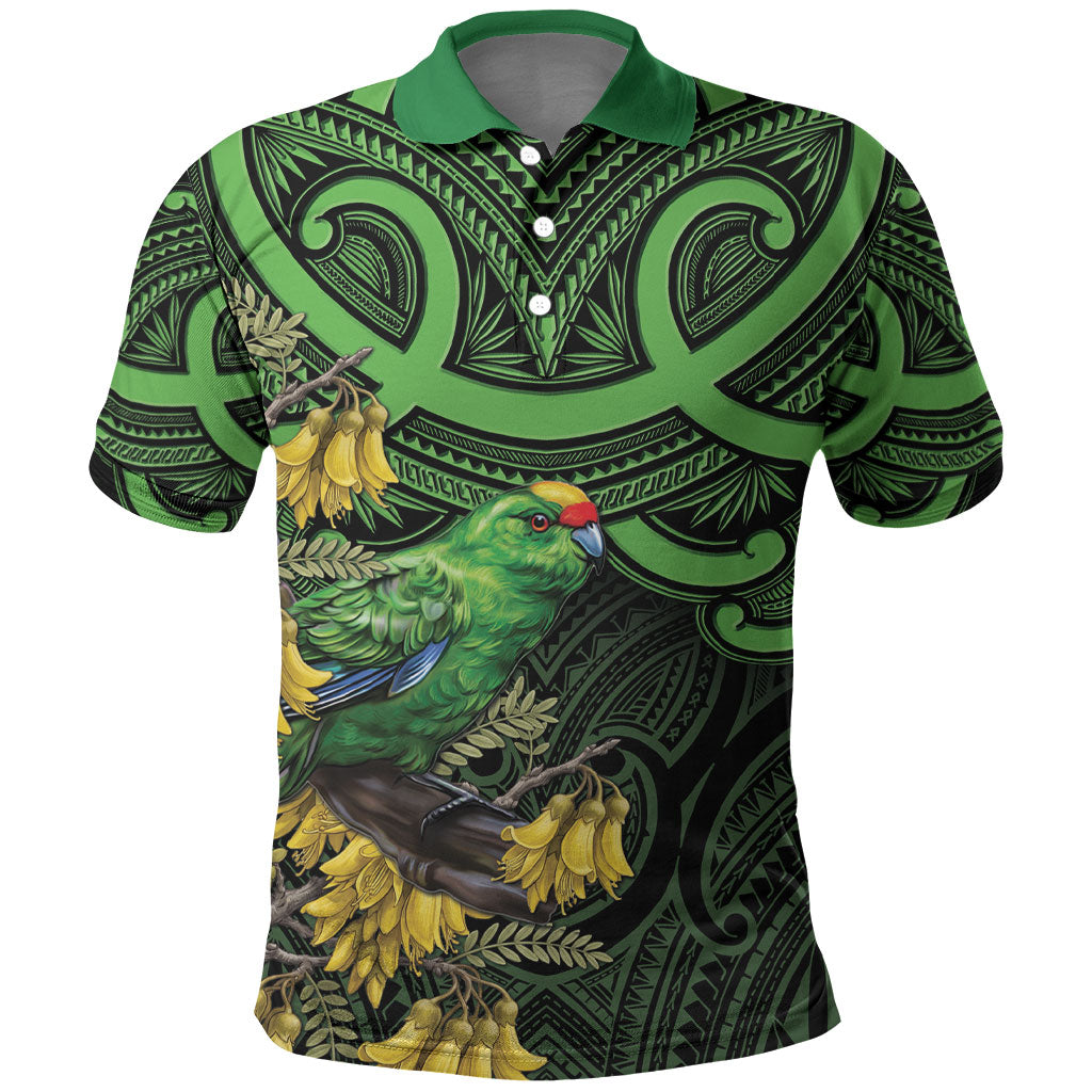 New Zealand Parakeet Bird Polo Shirt Maori Kakariki Kowhai Maori Pattern LT22 Green - Polynesian Pride