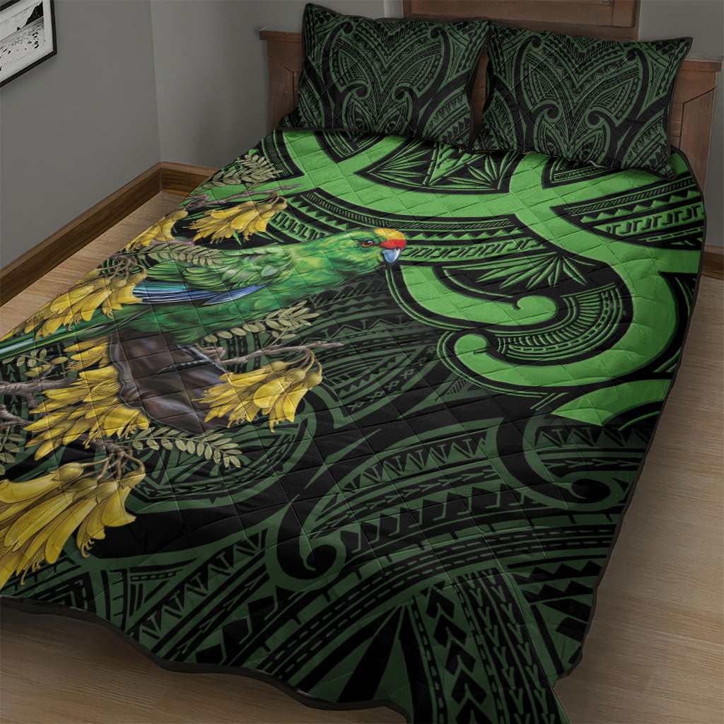 New Zealand Parakeet Bird Quilt Bed Set Maori Kakariki Kowhai Maori Pattern