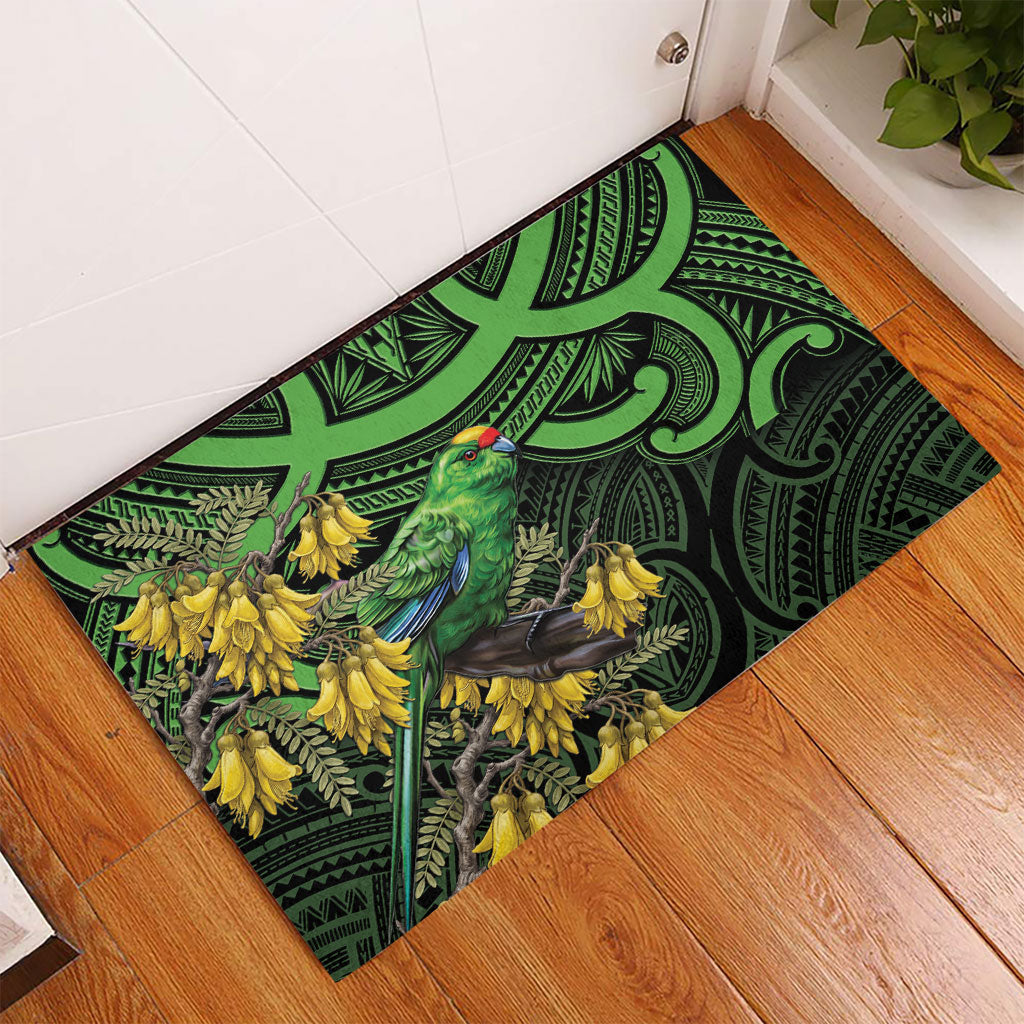 New Zealand Parakeet Bird Rubber Doormat Maori Kakariki Kowhai Maori Pattern