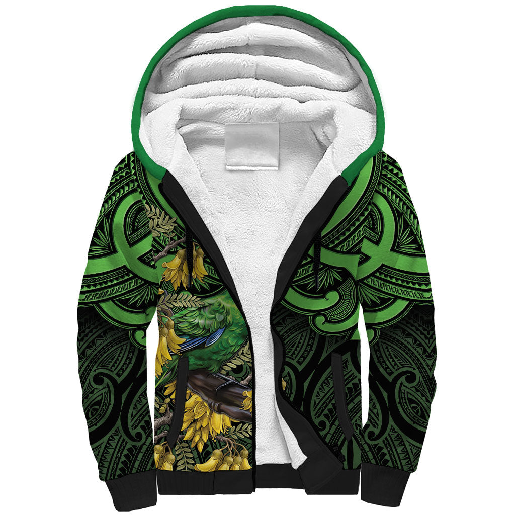 New Zealand Parakeet Bird Sherpa Hoodie Maori Kakariki Kowhai Maori Pattern