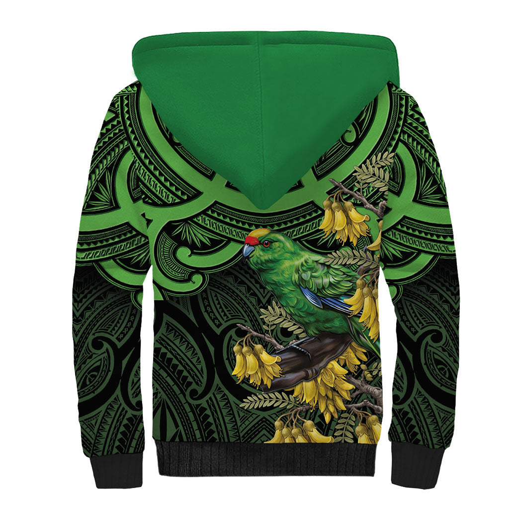 New Zealand Parakeet Bird Sherpa Hoodie Maori Kakariki Kowhai Maori Pattern