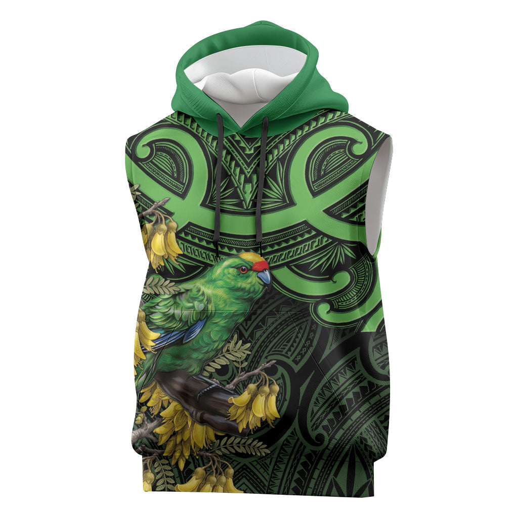 New Zealand Parakeet Bird Sleeveless Hoodie Maori Kakariki Kowhai Maori Pattern