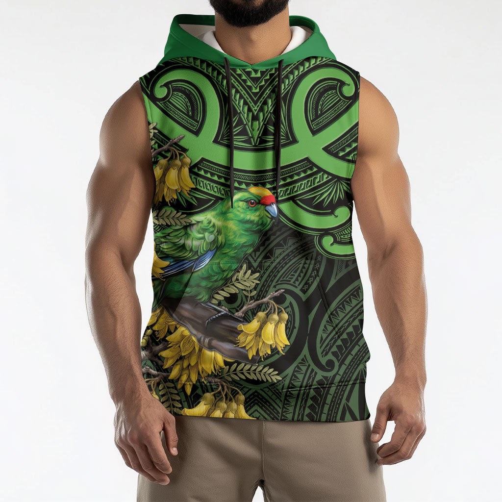 New Zealand Parakeet Bird Sleeveless Hoodie Maori Kakariki Kowhai Maori Pattern