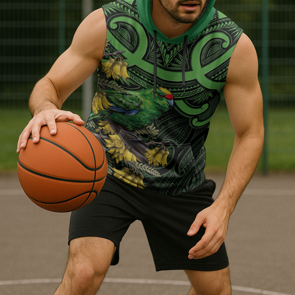 New Zealand Parakeet Bird Sleeveless Hoodie Maori Kakariki Kowhai Maori Pattern