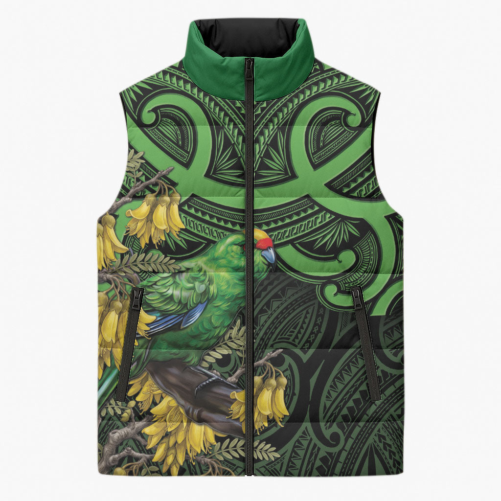 New Zealand Parakeet Bird Sleeveless Puffer Jacket Maori Kakariki Kowhai Maori Pattern