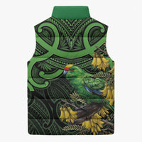 New Zealand Parakeet Bird Sleeveless Puffer Jacket Maori Kakariki Kowhai Maori Pattern