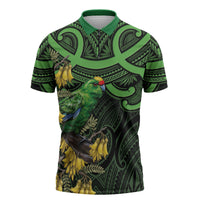 New Zealand Parakeet Bird Zipper Polo Shirt Maori Kakariki Kowhai Maori Pattern
