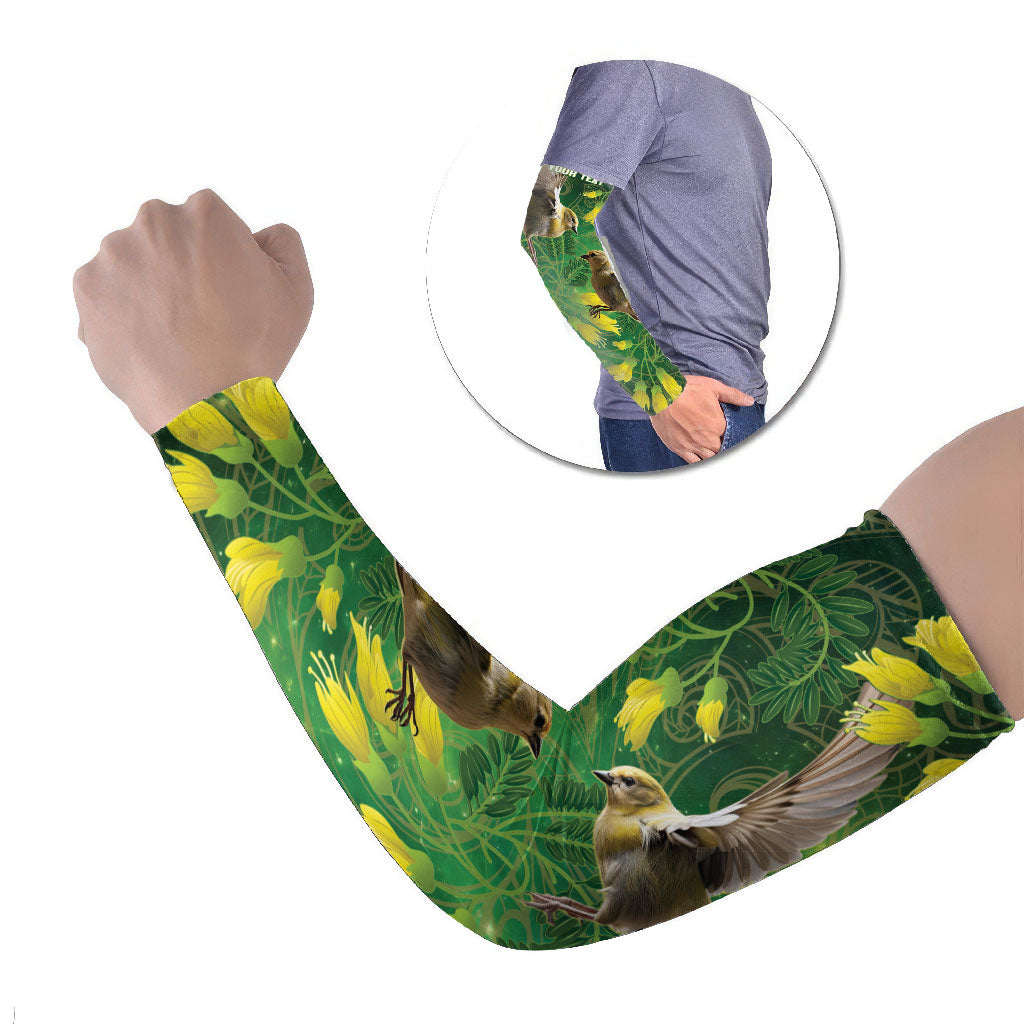 Bellbird New Zealand Personalised Arm Sleeves Kowhai Flower Maori Pattern