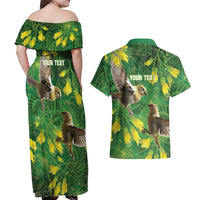 Bellbird New Zealand Personalised Couples Matching Off Shoulder Maxi Dress and Hawaiian Shirt Kowhai Flower Maori Pattern
