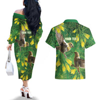 Bellbird New Zealand Personalised Couples Matching Off The Shoulder Long Sleeve Dress and Hawaiian Shirt Kowhai Flower Maori Pattern