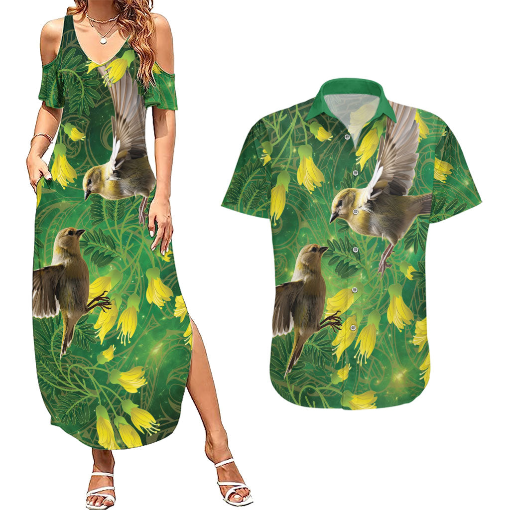 Bellbird New Zealand Personalised Couples Matching Summer Maxi Dress and Hawaiian Shirt Kowhai Flower Maori Pattern