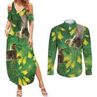Bellbird New Zealand Personalised Couples Matching Summer Maxi Dress and Long Sleeve Button Shirt Kowhai Flower Maori Pattern