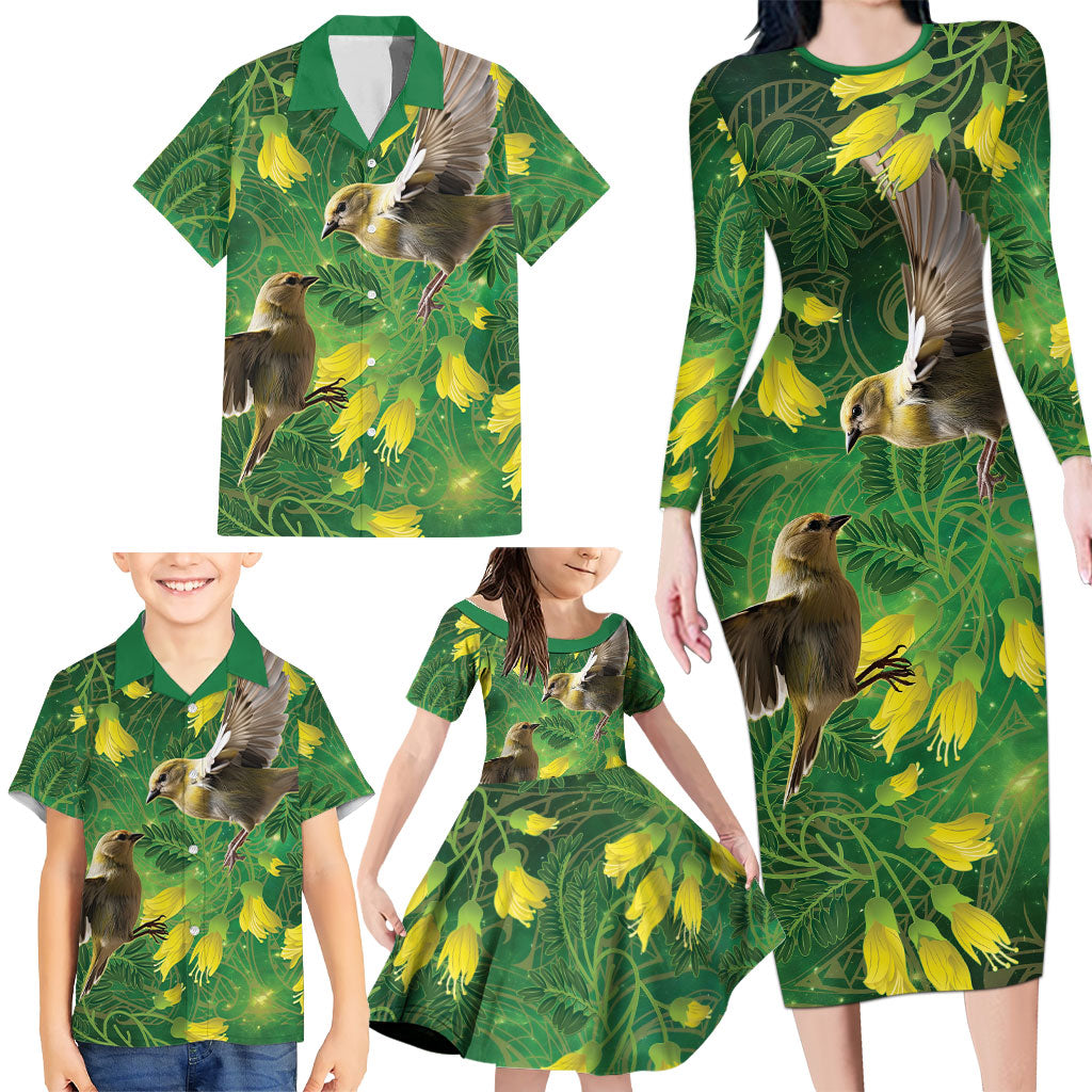 Bellbird New Zealand Personalised Family Matching Long Sleeve Bodycon Dress and Hawaiian Shirt Kowhai Flower Maori Pattern