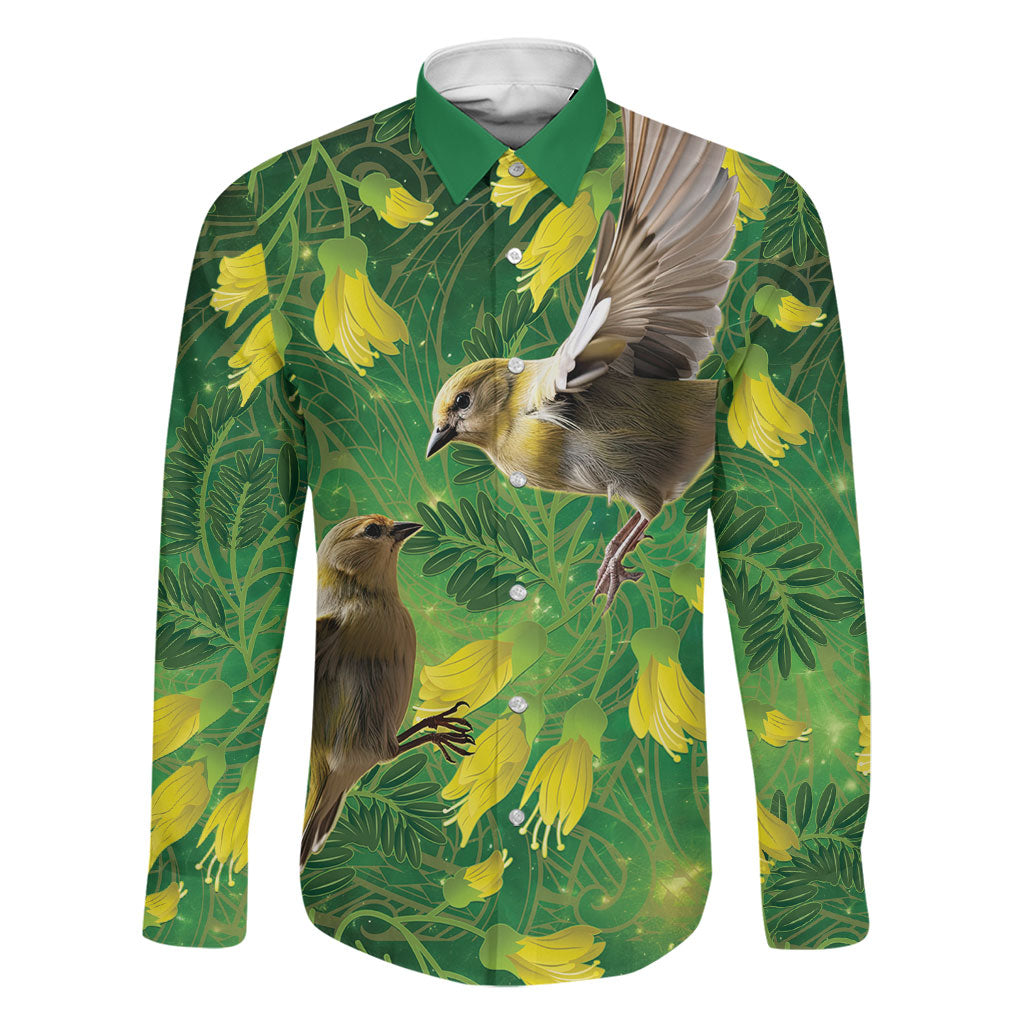 Bellbird New Zealand Personalised Family Matching Long Sleeve Bodycon Dress and Hawaiian Shirt Kowhai Flower Maori Pattern
