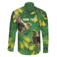 Bellbird New Zealand Personalised Family Matching Long Sleeve Bodycon Dress and Hawaiian Shirt Kowhai Flower Maori Pattern
