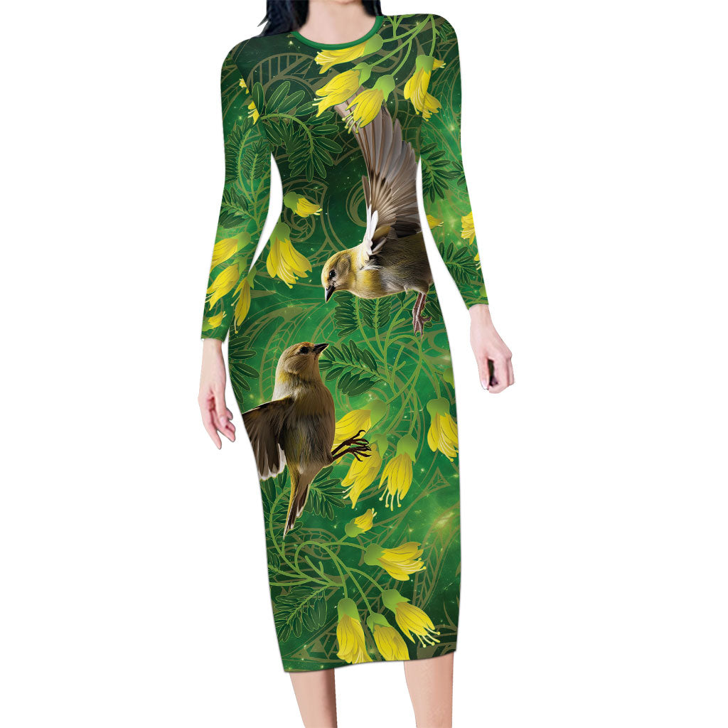 Bellbird New Zealand Personalised Family Matching Long Sleeve Bodycon Dress and Hawaiian Shirt Kowhai Flower Maori Pattern