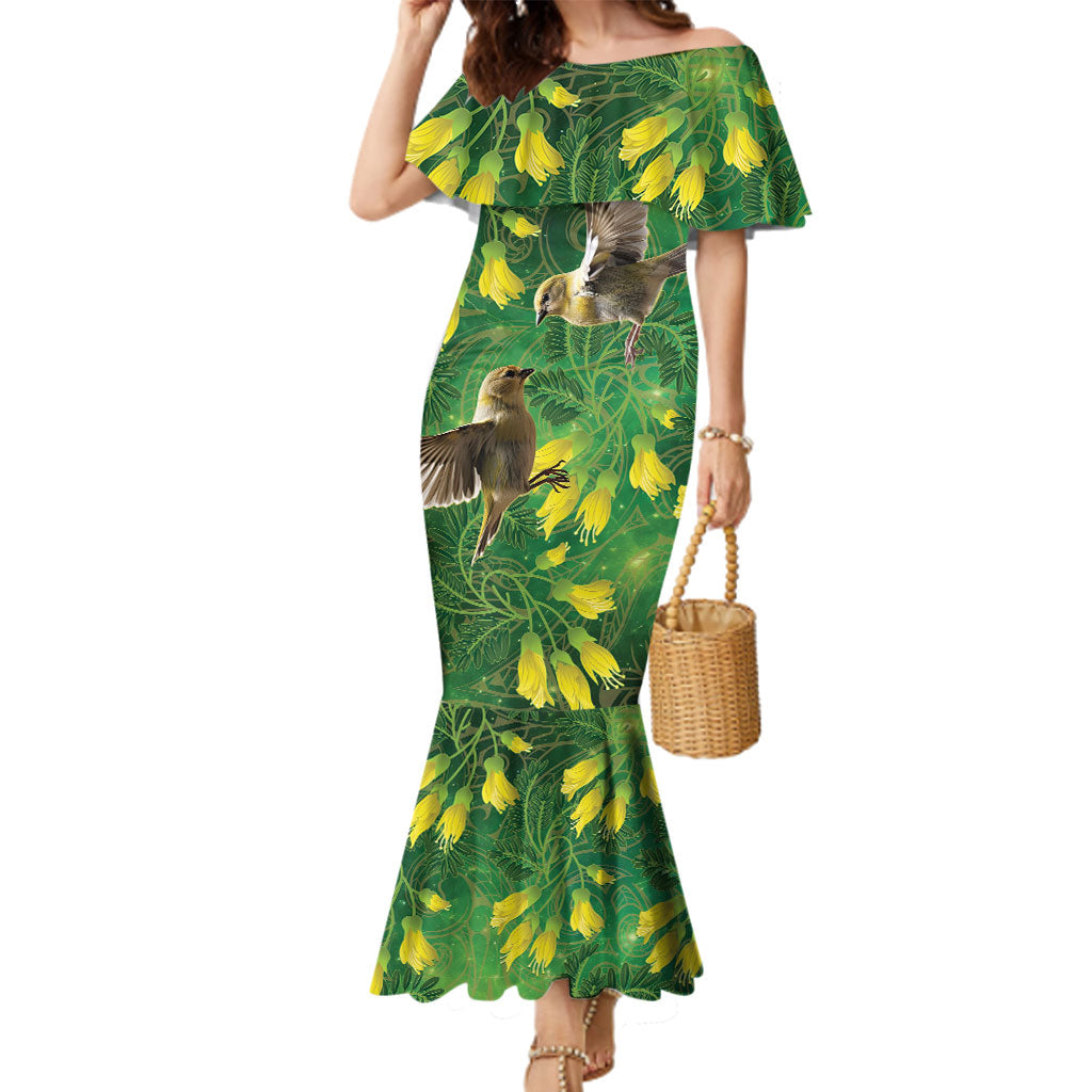 Bellbird New Zealand Personalised Family Matching Mermaid Dress and Hawaiian Shirt Kowhai Flower Maori Pattern