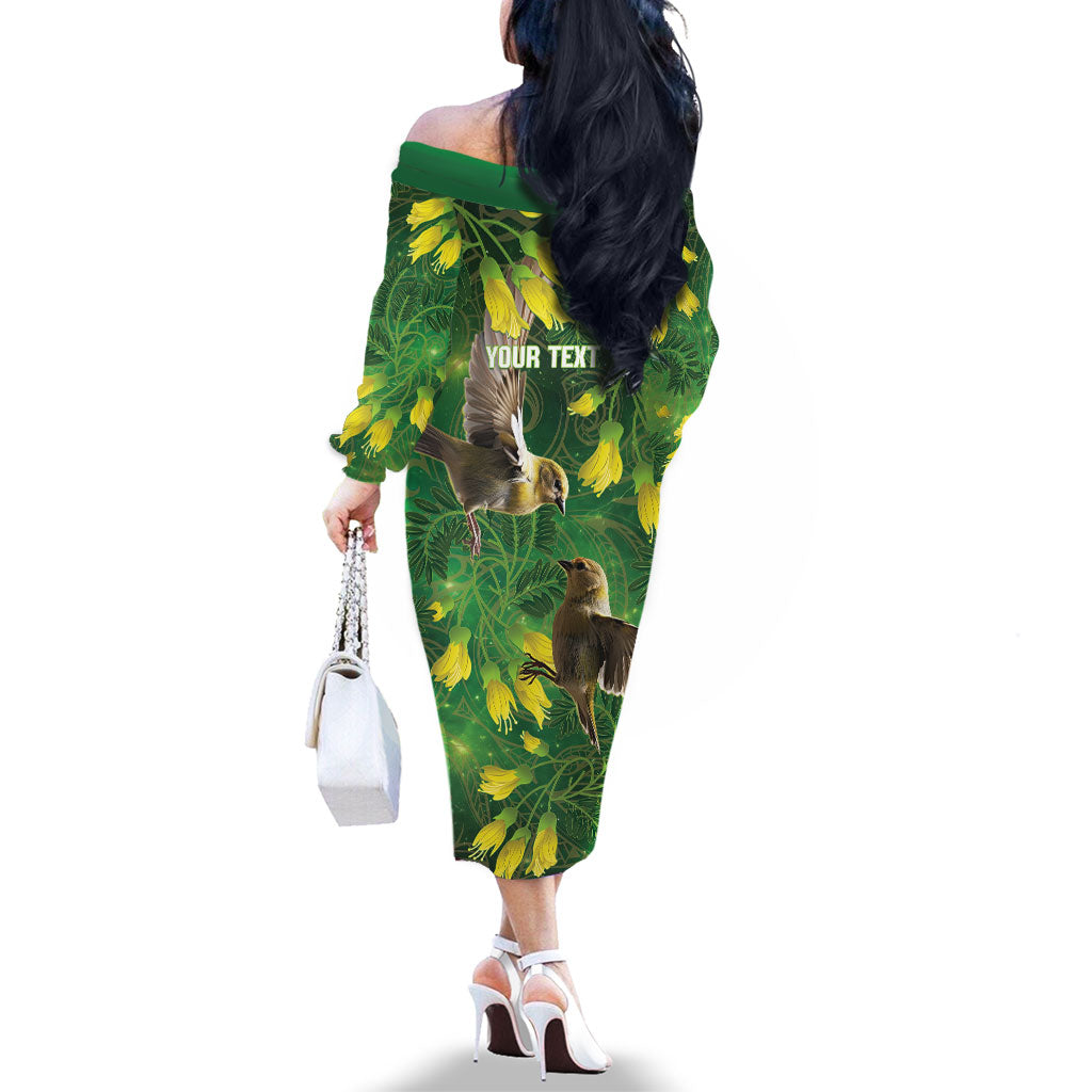 Bellbird New Zealand Personalised Family Matching Off The Shoulder Long Sleeve Dress and Hawaiian Shirt Kowhai Flower Maori Pattern