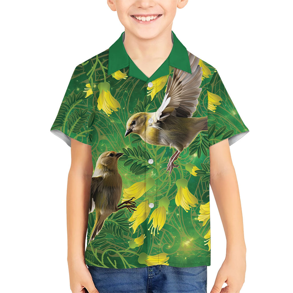 Bellbird New Zealand Personalised Family Matching Off The Shoulder Long Sleeve Dress and Hawaiian Shirt Kowhai Flower Maori Pattern